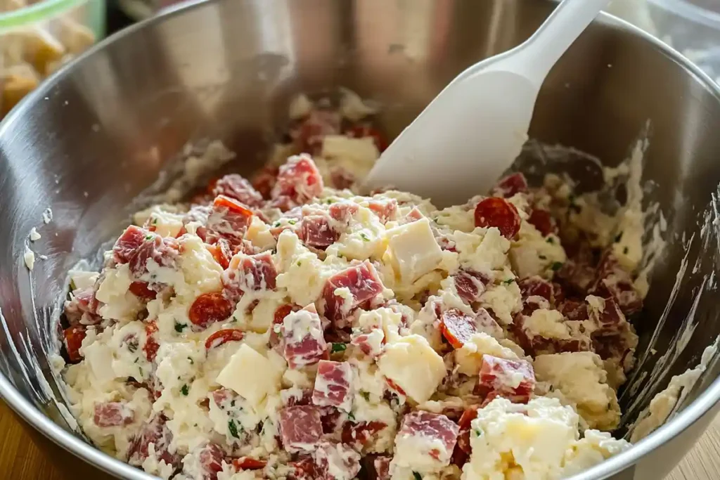 A large mixing bowl containing the prepared filling for Italian Easter Pie, featuring diced meats, cheeses, and ricotta, blended together.
