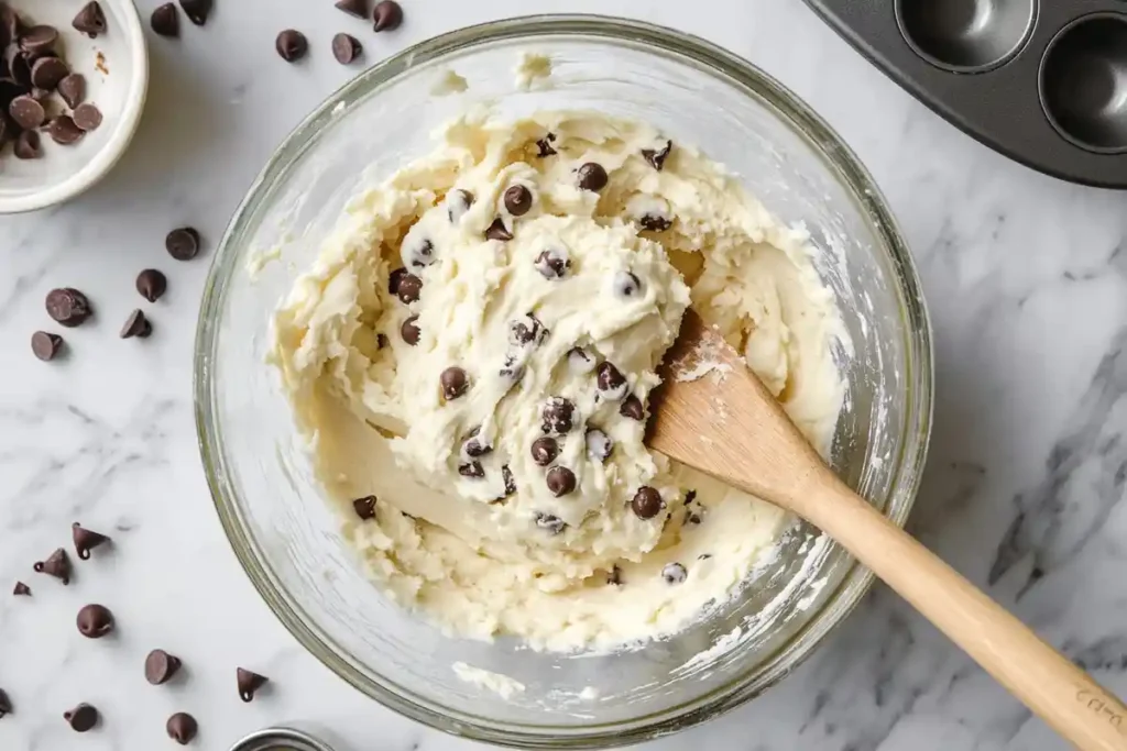 Bowl of sourdough discard muffin batter with chocolate chips being stirred with a wooden spoon.