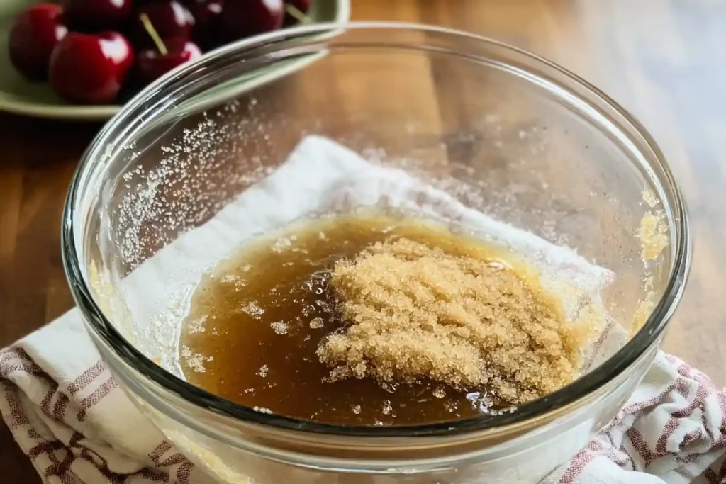 A glass bowl containing golden brown butter and brown sugar, resting on a kitchen towel, with cherries in the background.