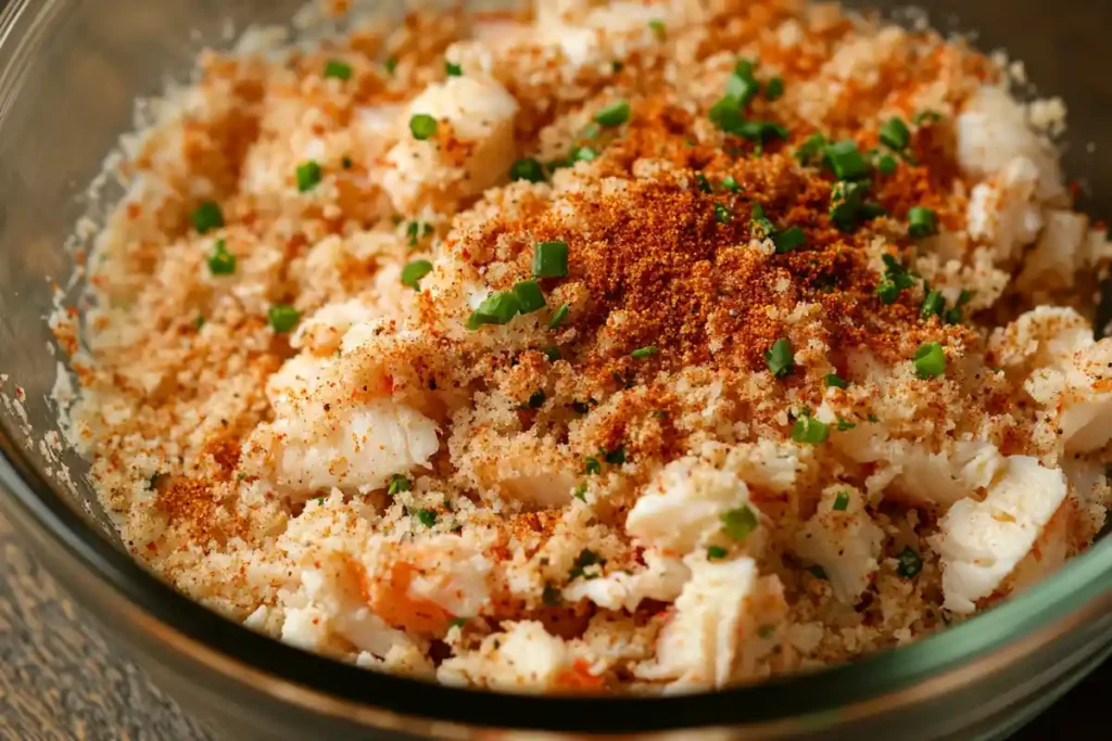 Hands mixing crab meat with breadcrumbs and mayonnaise