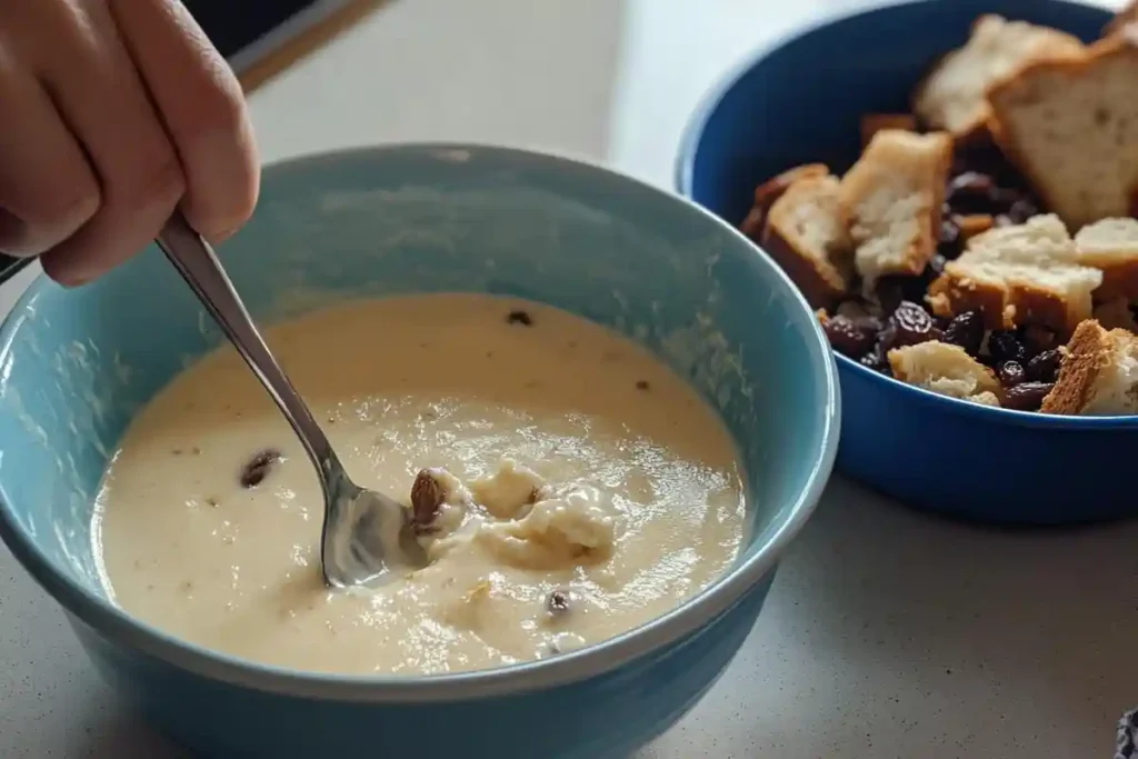 A hand stirring creamy custard in a blue bowl, with bread cubes and raisins in the background.