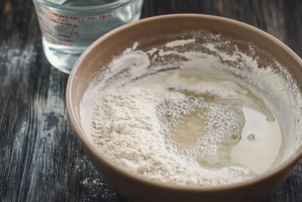 A bowl with flour and water being combined for a buckwheat sourdough starter, with a measuring cup in the background.