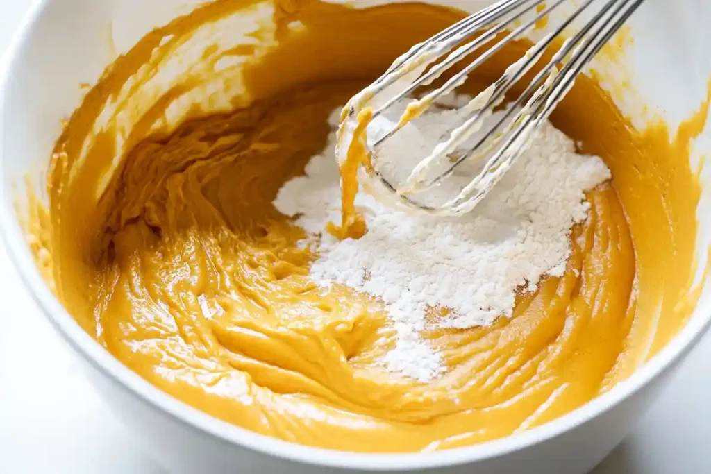 A whisk mixing flour into a smooth pumpkin batter in a white mixing bowl.