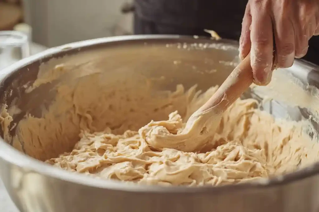  A baker mixing sourdough discard peanut butter cookie dough in a large bowl with a wooden spoon.