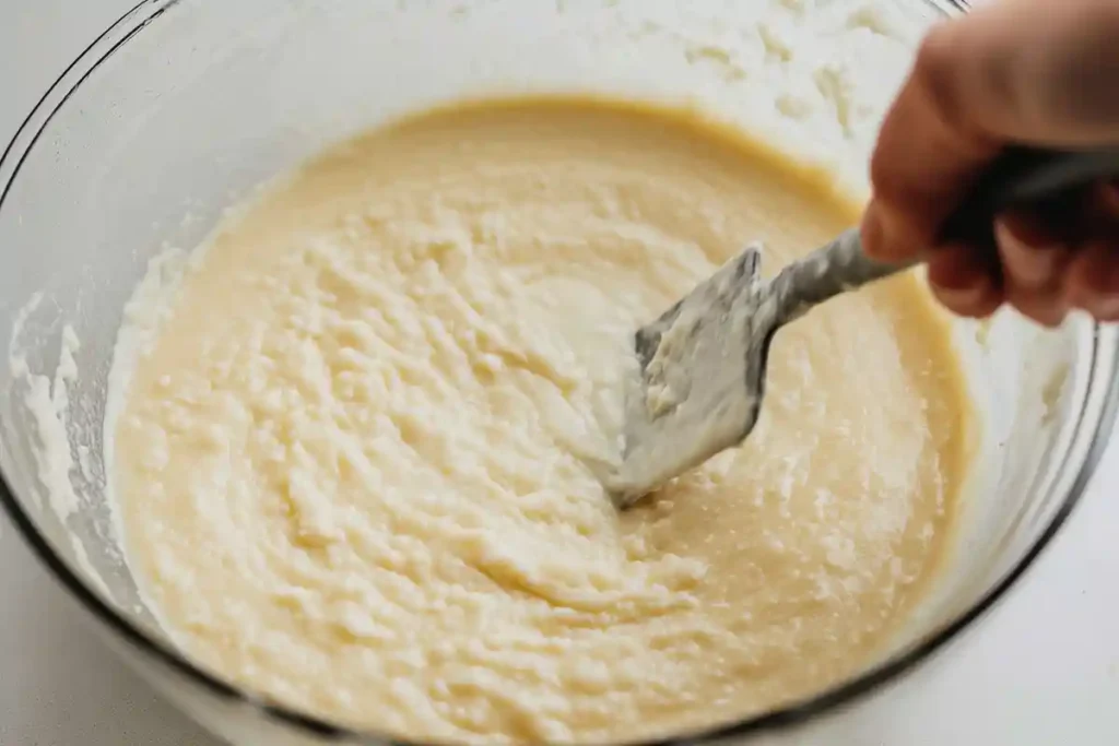 A person stirring sourdough cornbread batter in a glass mixing bowl using a spatula.