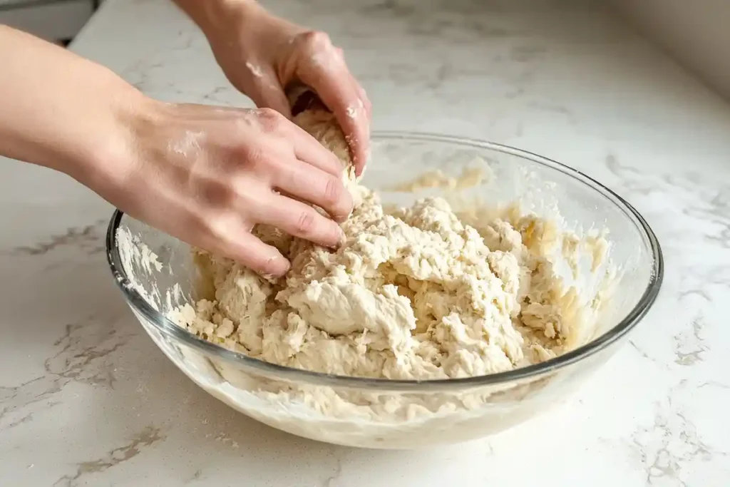 Hands kneading sourdough dough in a glass bowl, preparing it for Asiago bagels.