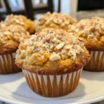 Golden sourdough discard pumpkin muffins topped with chopped almonds and sugar on a white plate.