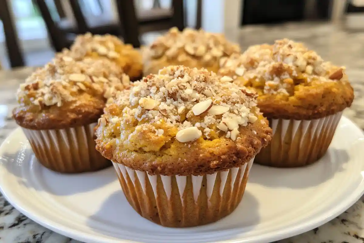 Golden sourdough discard pumpkin muffins topped with chopped almonds and sugar on a white plate.