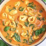 An overhead view of a pot filled with creamy tomato soup, spinach, and cheese tortellini, showcasing vibrant colors and a hearty texture