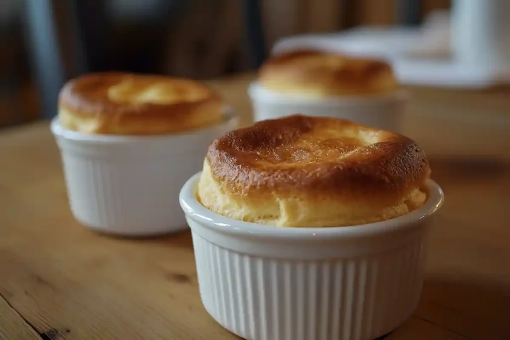 hree beautifully baked black pepper & parmesan soufflés in white ramekins, showcasing their golden-brown tops and airy texture.