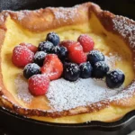 Golden sourdough discard Dutch baby pancake in a skillet with berries.