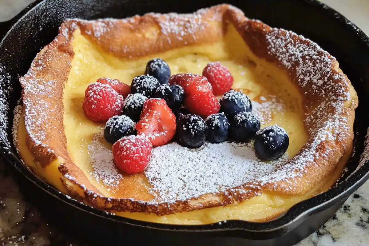 Golden sourdough discard Dutch baby pancake in a skillet with berries.