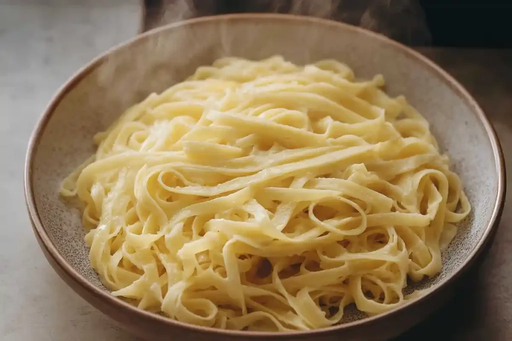 A bowl of freshly cooked fettuccine pasta, steaming and glistening, ready to be mixed with creamy sauce.