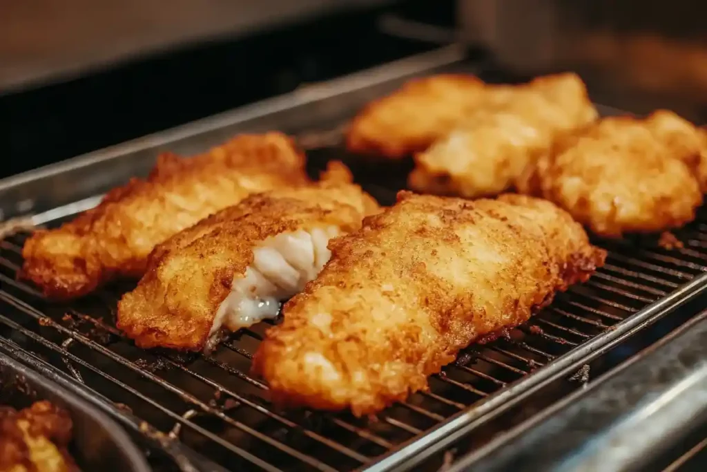 Golden fried battered fish fillets resting on a wire rack, freshly cooked and crispy.