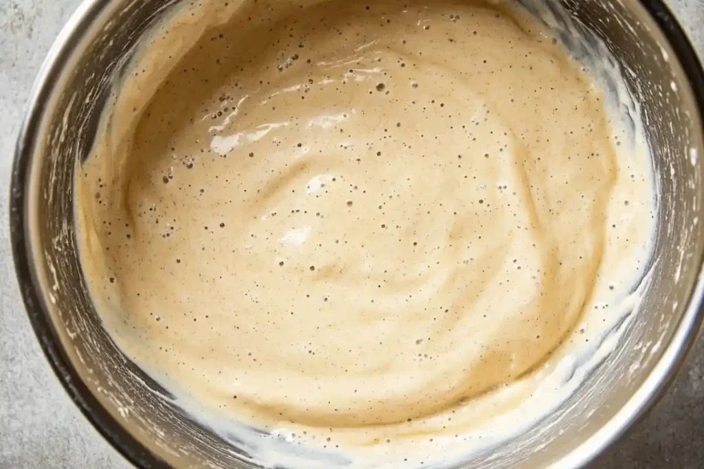 Close-up of seasoned Long John Silver's batter in a stainless steel mixing bowl, showing its smooth and airy texture.