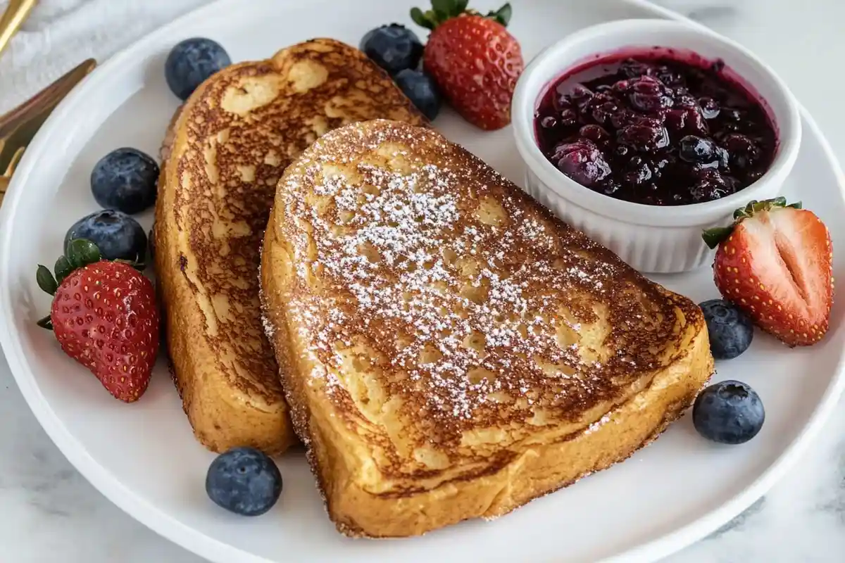 A plate of sourdough French toast dusted with powdered sugar, served with fresh strawberries, blueberries, and a ramekin of berry compote.