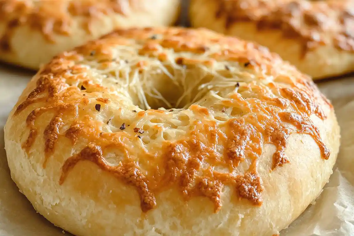 Freshly baked Asiago sourdough bagel with melted Asiago cheese topping, glistening golden-brown.