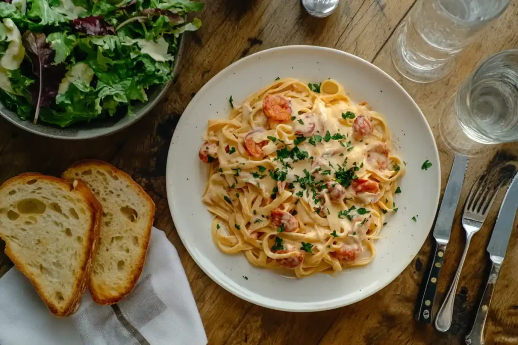 A plate of creamy crawfish fettuccine served with garlic bread and a fresh green salad on a rustic wooden table.