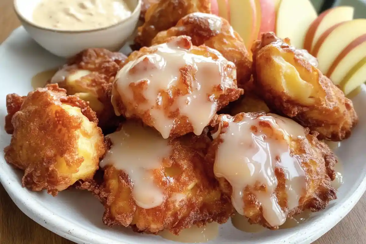 A plate of sourdough apple fritters drizzled with glaze, surrounded by apple slices and a bowl of dipping sauce.