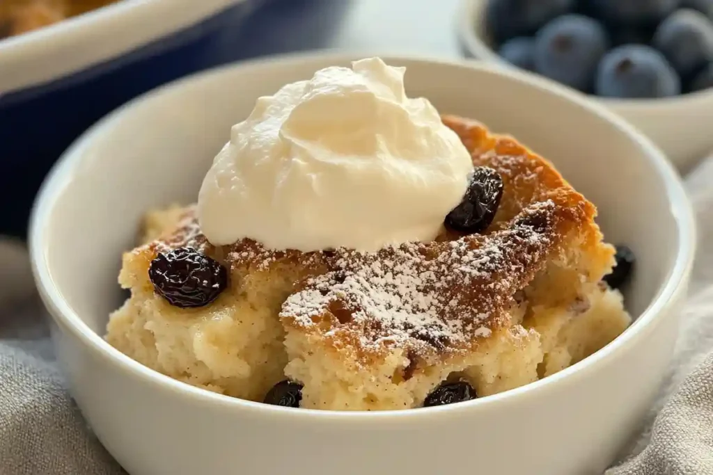 A serving of sourdough bread pudding in a white bowl, topped with whipped cream, raisins, and powdered sugar.