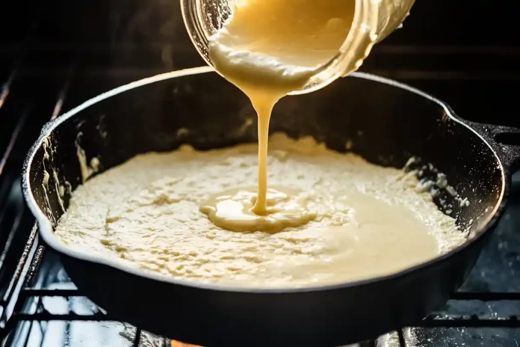 Sourdough discard batter being poured into a preheated skillet