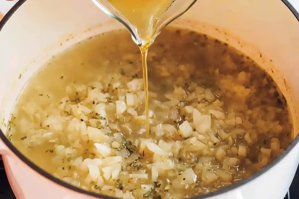 Golden broth being poured over translucent onions with herbs in a white pot, creating a flavorful soup base