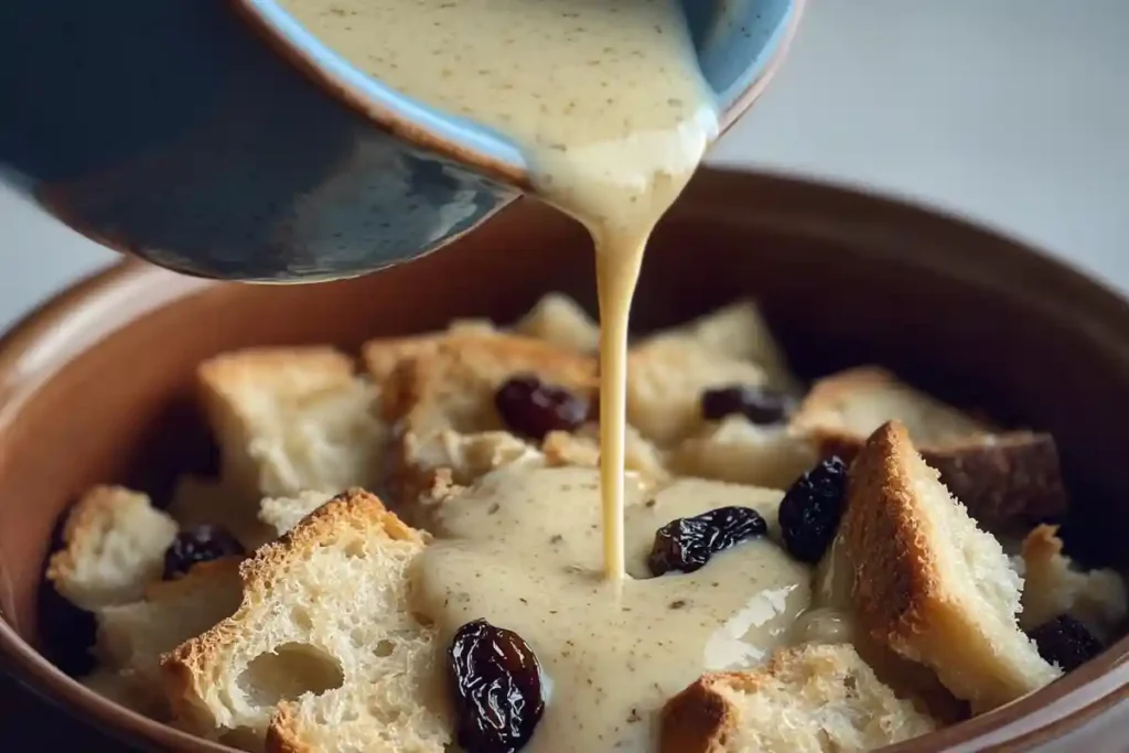 A rich custard being poured over sourdough bread cubes with raisins in a baking dish, preparing for bread pudding.