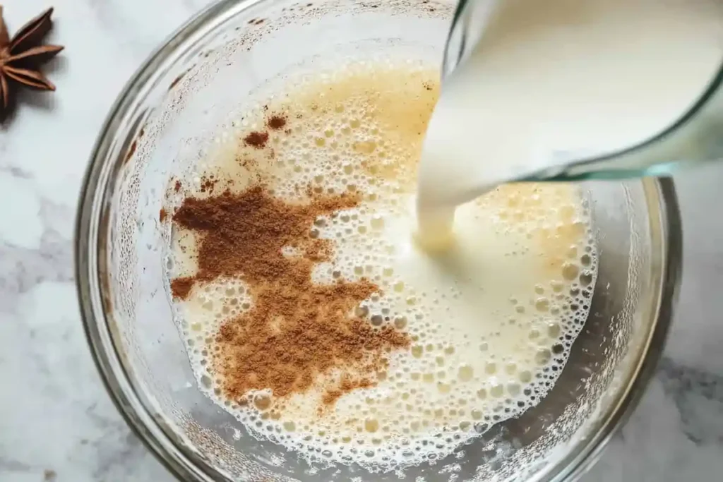 A close-up of milk being poured into a bowl with cinnamon, ready to be mixed.