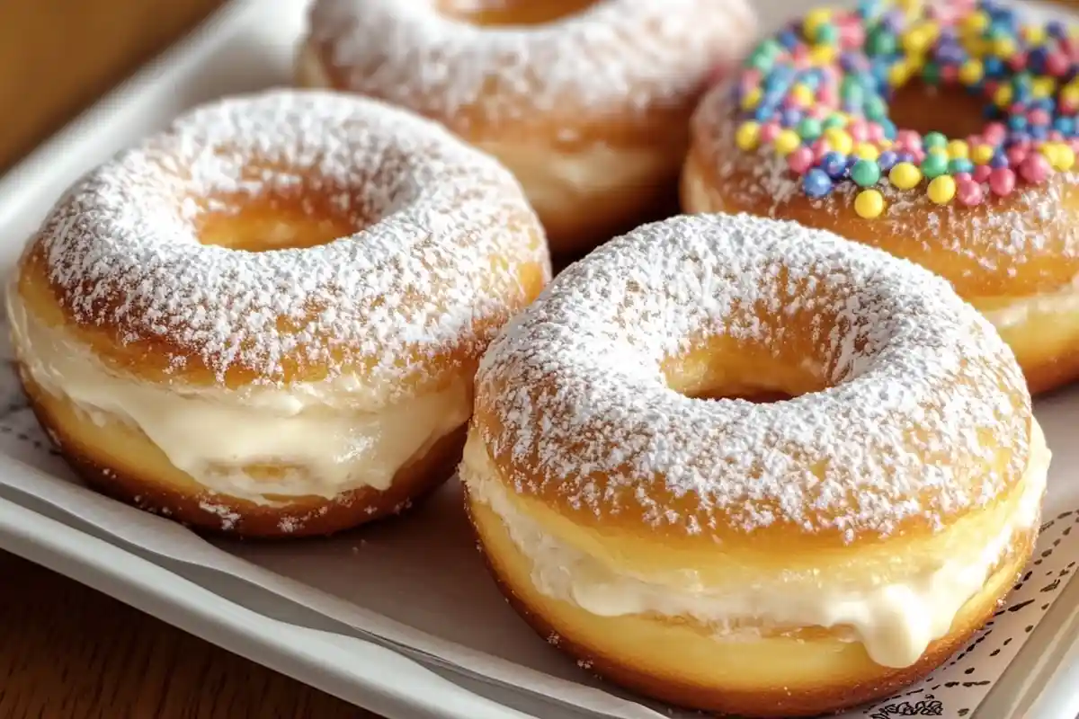 A plate of sourdough donuts dusted with powdered sugar and cream-filled, alongside a sprinkled donut for a pop of color.