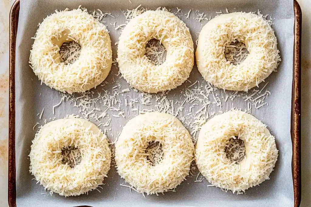 Six raw sourdough bagels, neatly arranged on a baking tray, topped with a layer of grated Asiago cheese.