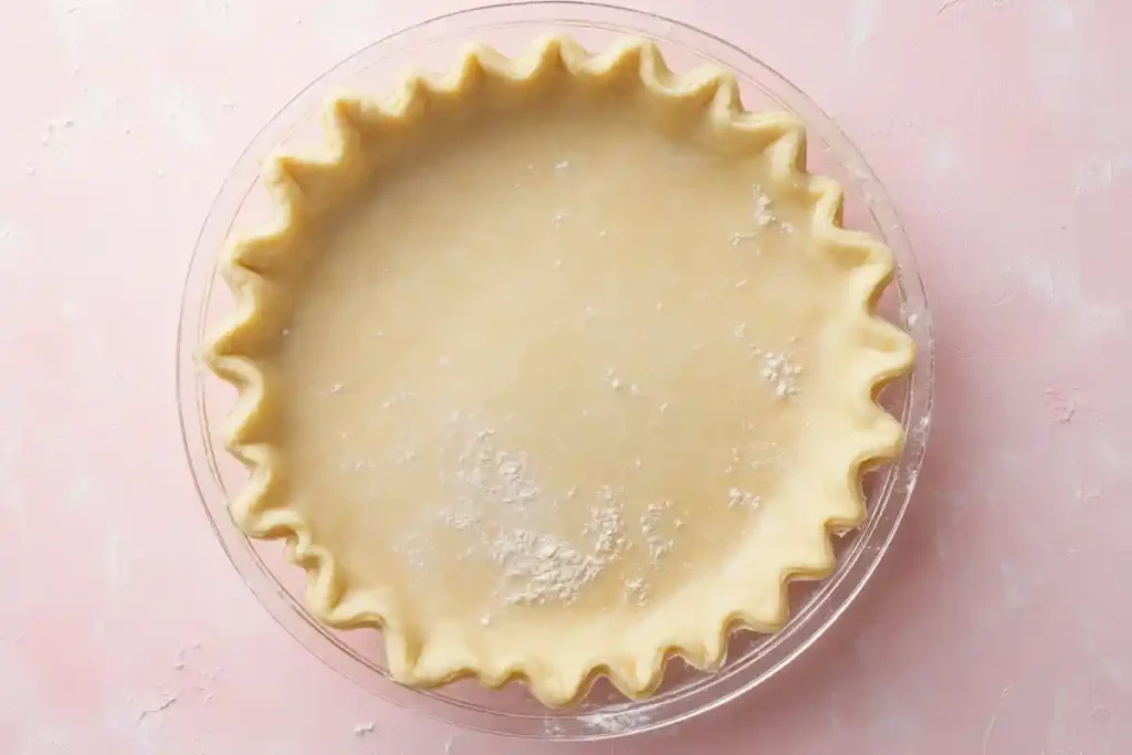 A sourdough discard pie crust neatly arranged in a glass pie dish with crimped edges on a pastel pink background.