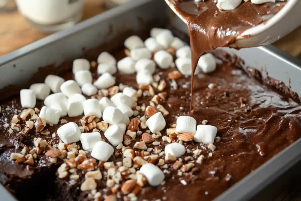 Brownie batter being poured into a pan, topped with marshmallows and chopped nuts, ready for baking.