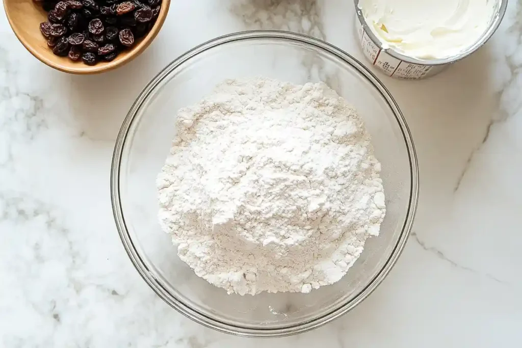 A bowl of flour surrounded by raisins and cream cheese on a marble countertop, ready for mixing