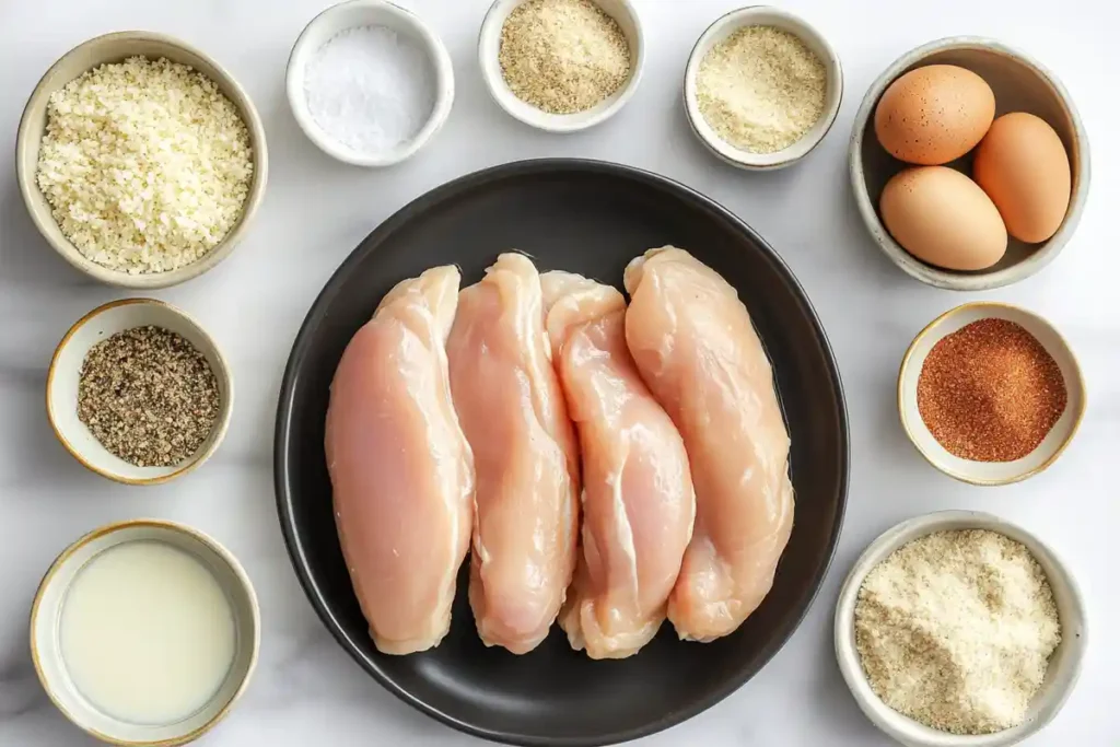  Raw chicken breasts, breadcrumbs, eggs, Parmesan cheese, and spices in separate bowls ready for breading.