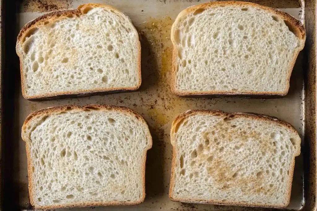 Four slices of sourdough bread placed on a baking sheet, ready for French toast preparation.
