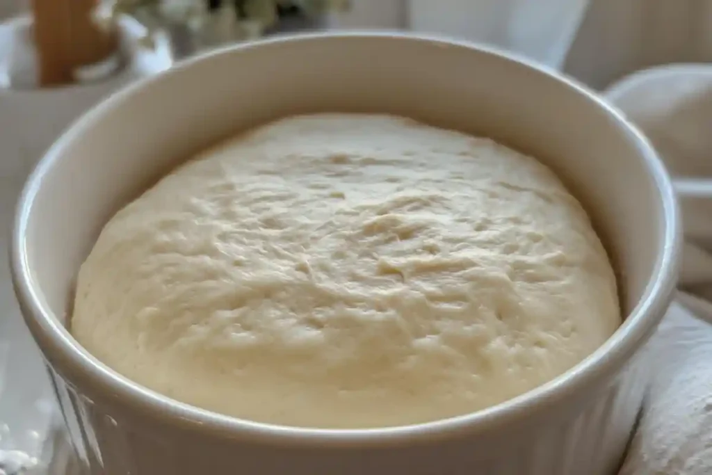 A close-up of smooth, kneaded dough in a white bowl, prepared for fermentation.