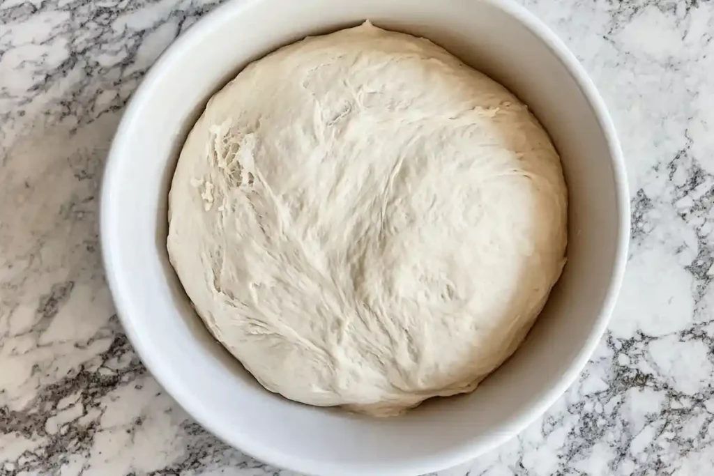 A perfectly risen sourdough discard dough in a white bowl, ready for shaping.