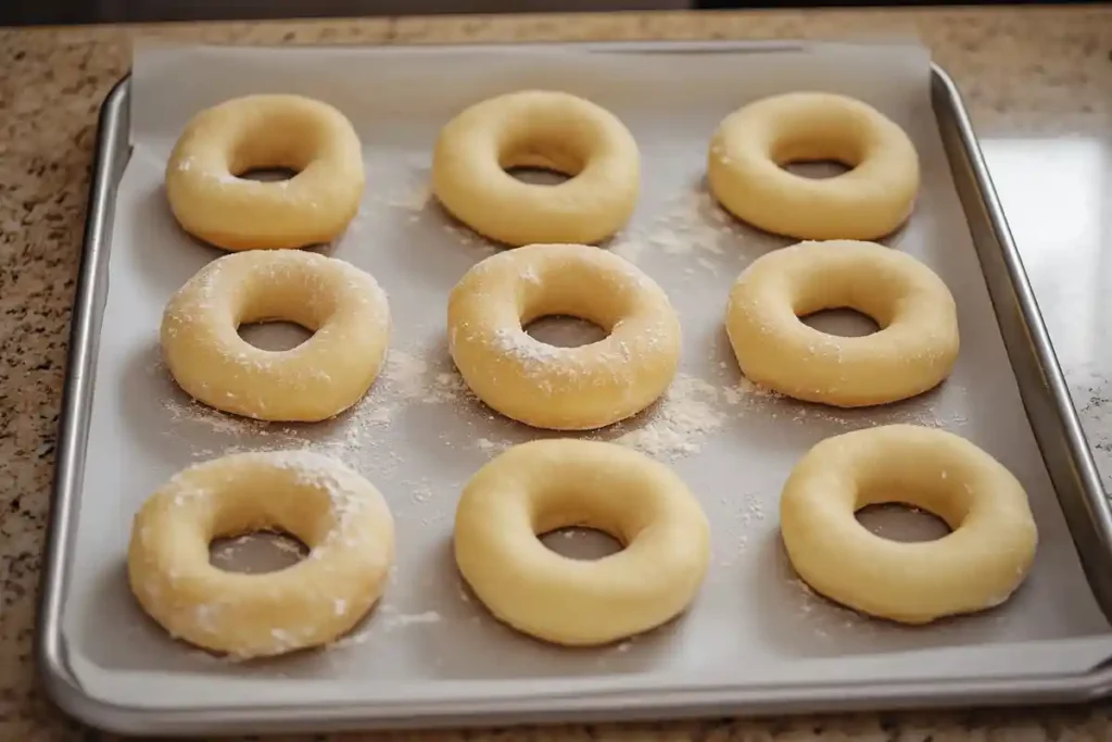 Uncooked sourdough donuts arranged on a parchment-lined tray, lightly dusted with flour, ready for frying or baking.