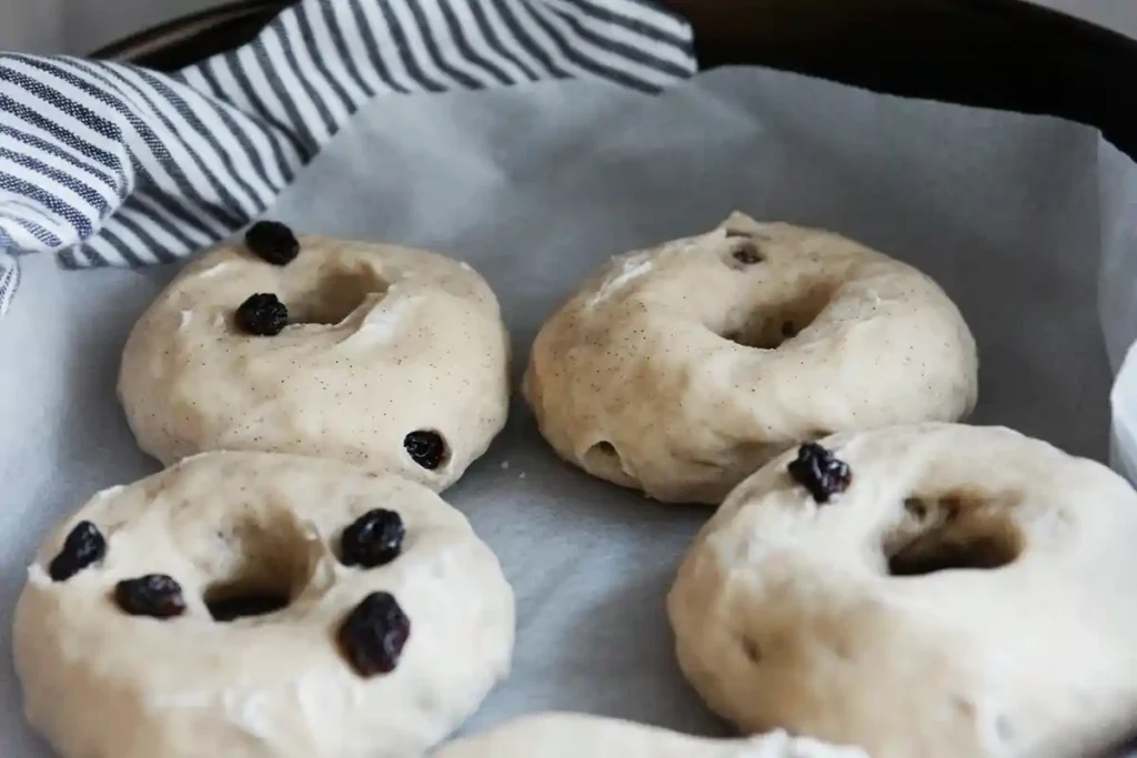 Unbaked sourdough cinnamon raisin bagels on a parchment-lined baking tray, resting under a striped kitchen towel for proofing.