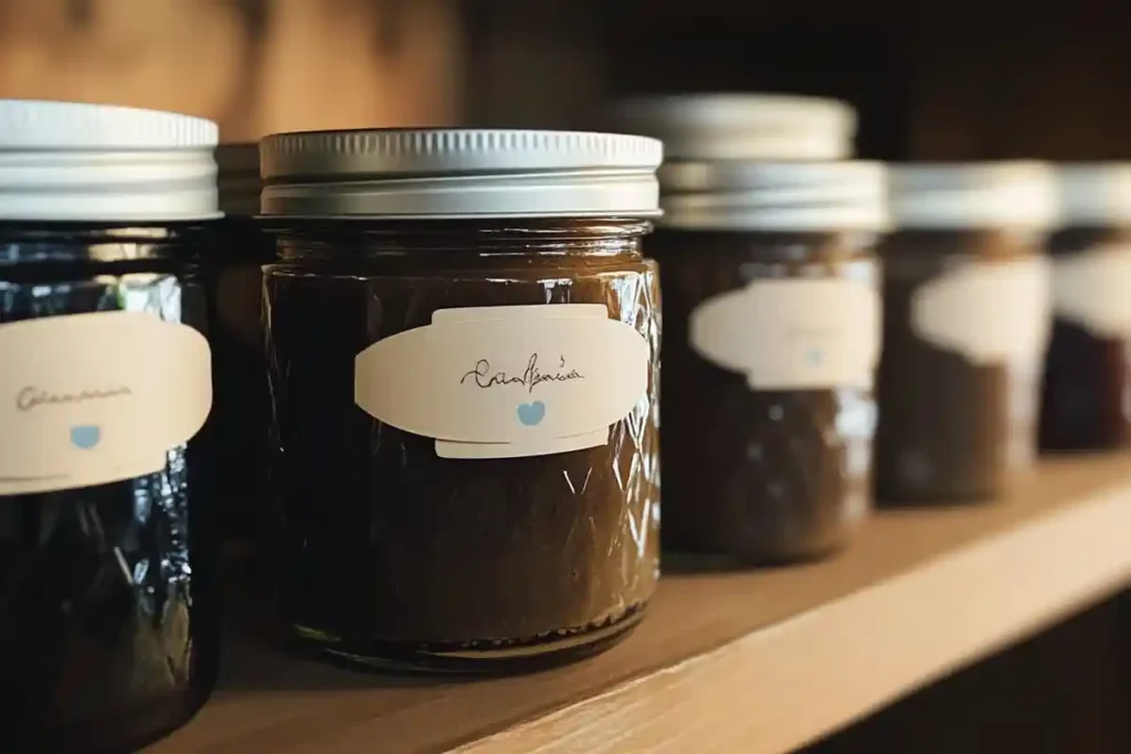 Glass jars of homemade vanilla paste neatly organized on a pantry shelf with labeled lids.