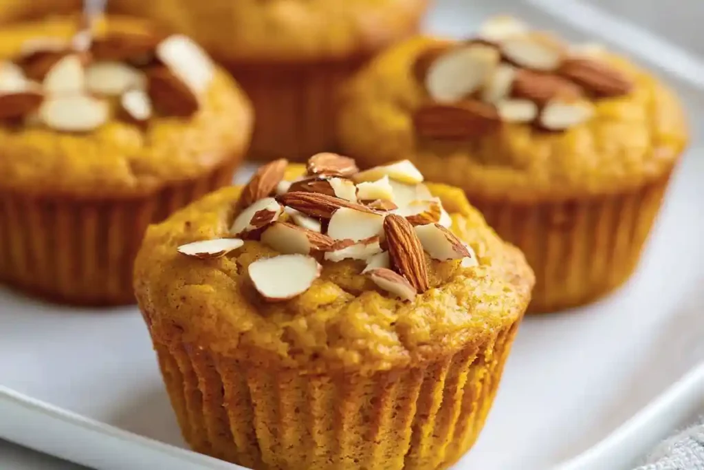 Golden sourdough discard pumpkin muffins topped with slivered almonds, arranged on a white serving tray.