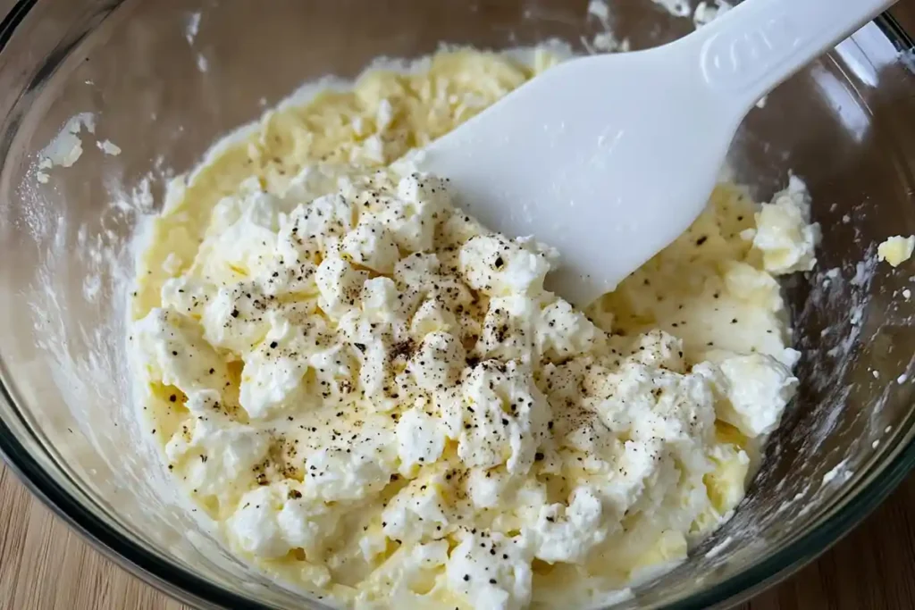 A close-up of the ricotta mixture in a glass bowl, seasoned with black pepper.