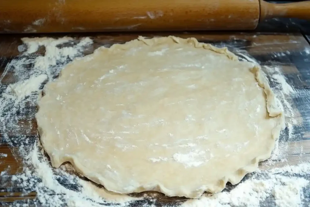 A smooth, evenly rolled-out  pie crust dough on a floured wooden surface with a rolling pin nearby.