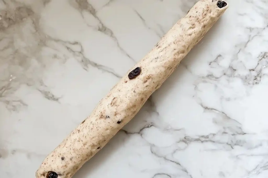 A long, rolled-out piece of sourdough cinnamon raisin dough on a marble countertop, ready to be shaped into a bagel