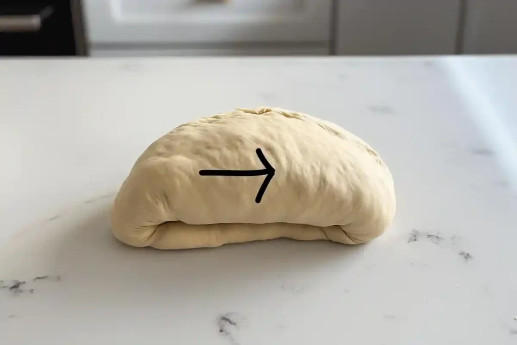 Sourdough dough being folded and rolled into shape, with an arrow indicating the rolling direction.