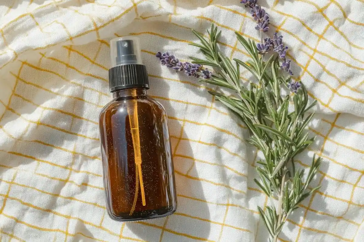 A rustic flat-lay featuring an amber glass spray bottle and fresh rosemary sprigs on a textured cloth.