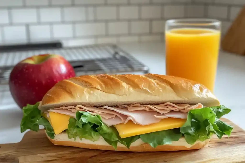 A sandwich made with sourdough hoagie roll, filled with turkey, cheddar, and lettuce, served with a glass of orange juice and an apple.