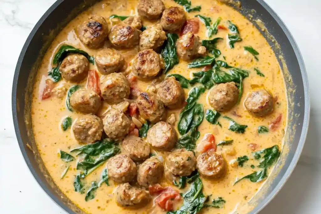 Italian sausage simmering in a creamy sauce with fresh spinach and diced tomatoes in a skillet.