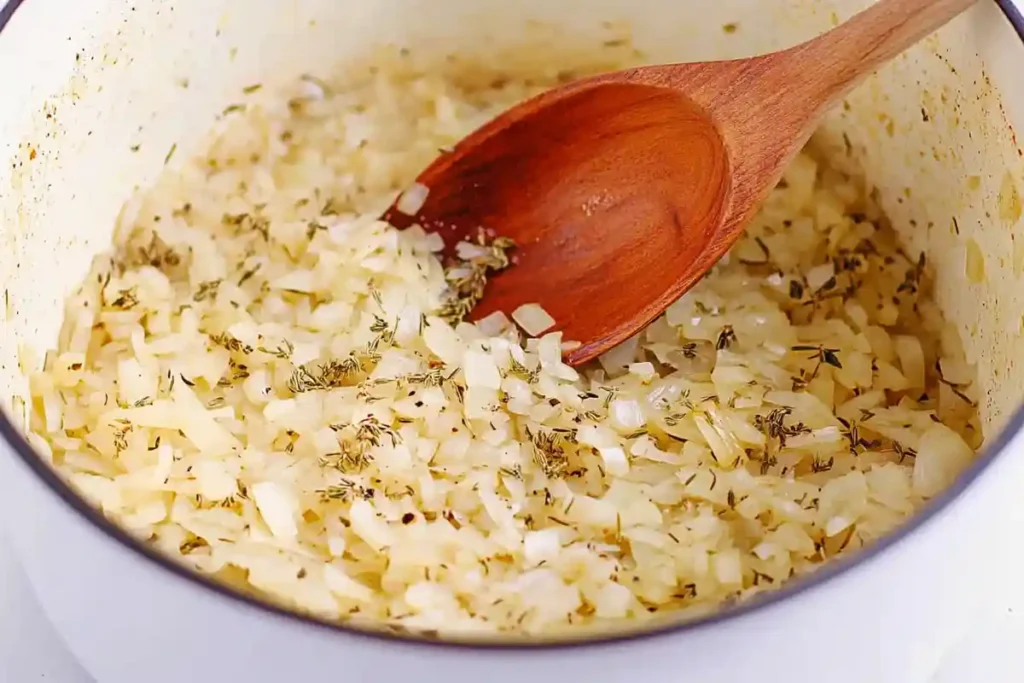 Golden sautéed onions with dried herbs in a white pot, stirred with a wooden spoon, forming the aromatic base of the soup.