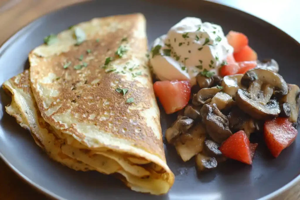 A plate of savory sourdough discard crepes served with sautéed mushrooms, fresh strawberries, and a dollop of cream garnished with parsley.